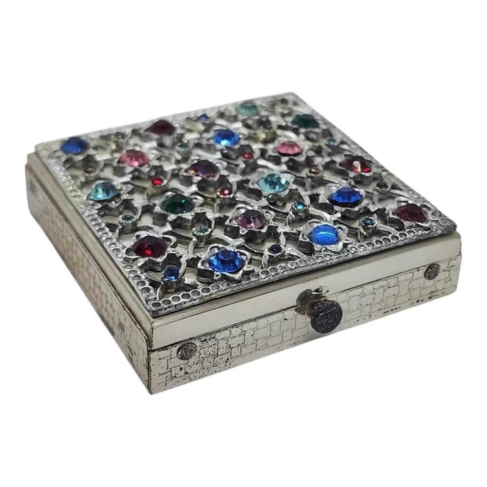 Vintage Dorset Fifth Avenue Jeweled Rhinestone Powder Compact Mirror Puff Case